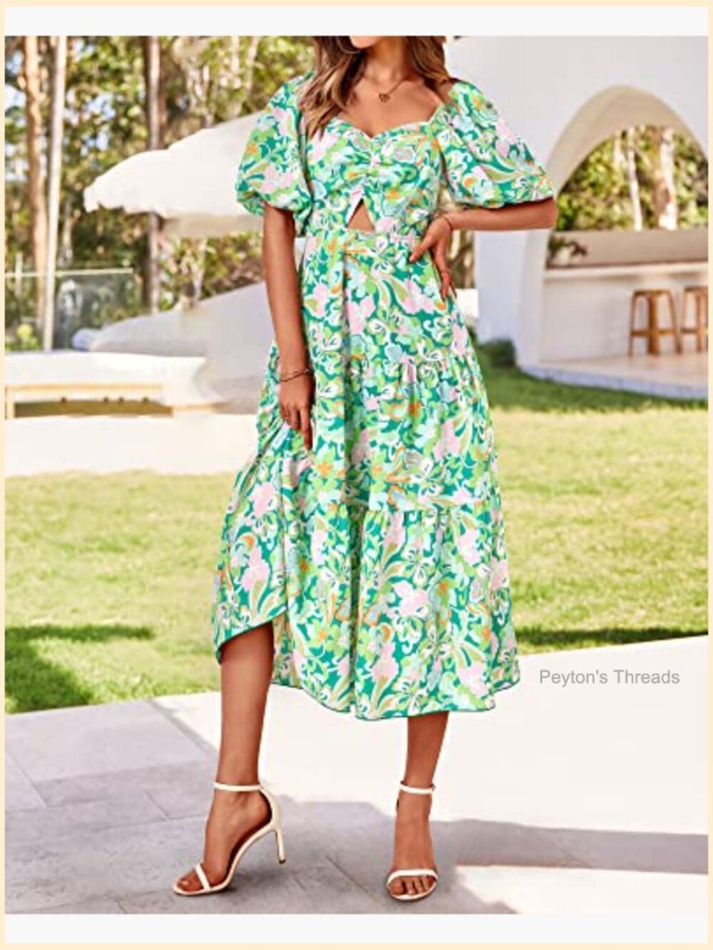 Summer Boho Floral Maxi Dress Square Neck Puff Sleeve Smocked - Picture 3 of 7